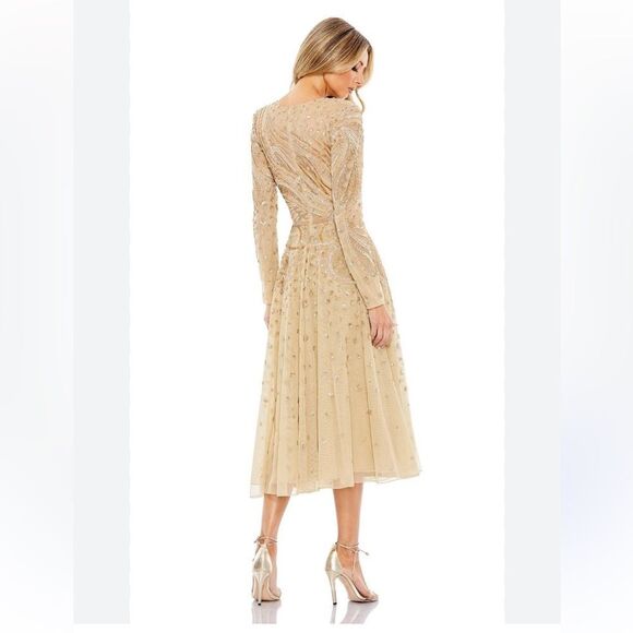 Mac Duggal 5572 dress beaded champagne midi long sleeve tulle cocktail gown 8 - Picture 2 of 9